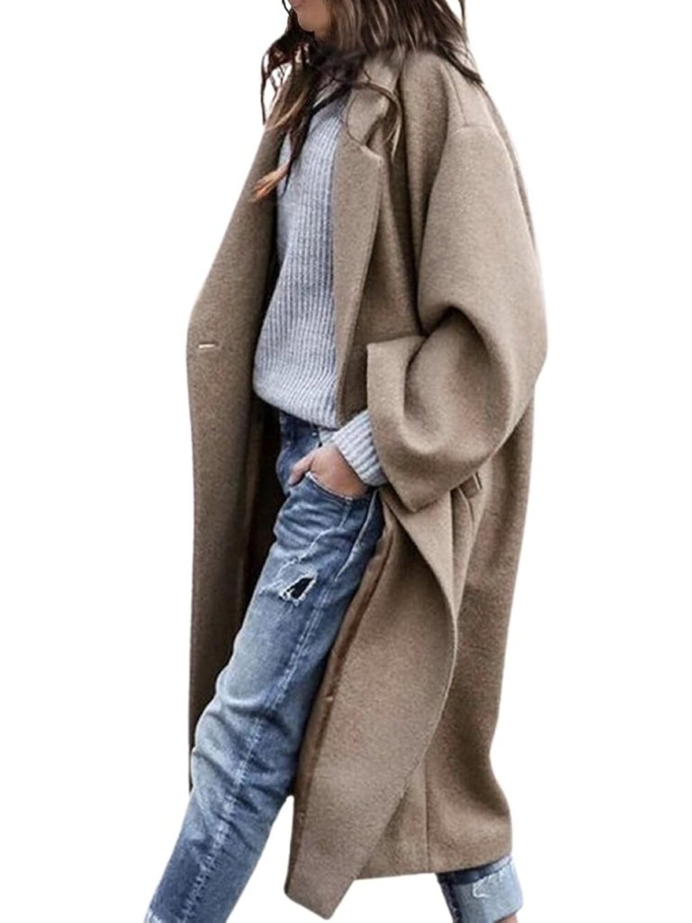 Women's Khaki Notched Collar Wool Blend Single Breast Midi Long Trench Coat